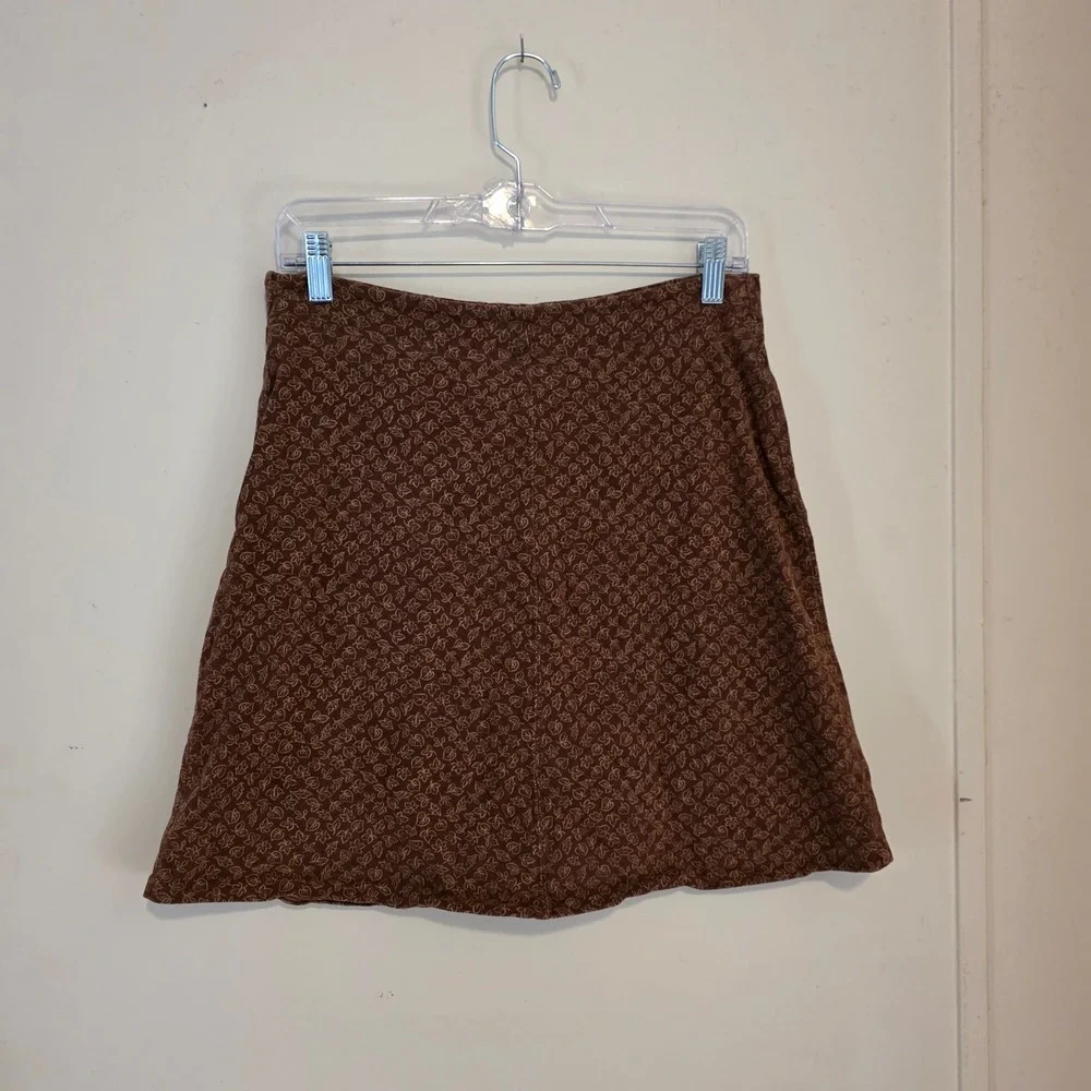 LL Bean Womens Leaf Print Skirt Size Small Brown Cotton Mini Hemmed Cottage